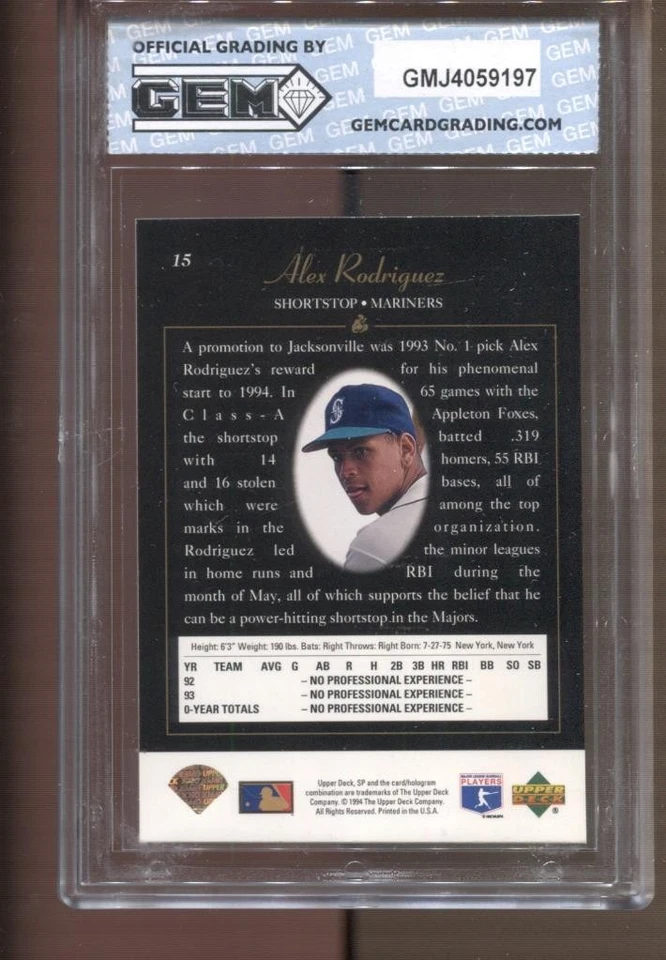 1994 Alex Rodriguez SP #15 Gem Mint 10 RC Rookie New York Yankees - Image 2 of 2