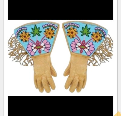 Old American Style Handmade Crow Floral Beaded Leather Gauntlet Gloves G25