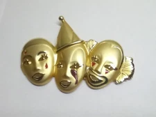 Triple Clowns Vintage Signed AJC Gold Tone Enamel Theater Masks Faces Brooch Pin