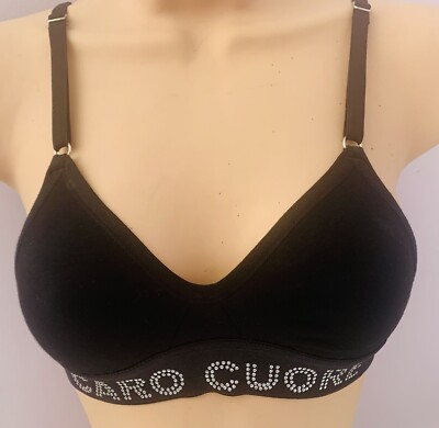 Designer Black Bralette Comfort Bra Size 32B Soft Cup Logo Caro Cuore