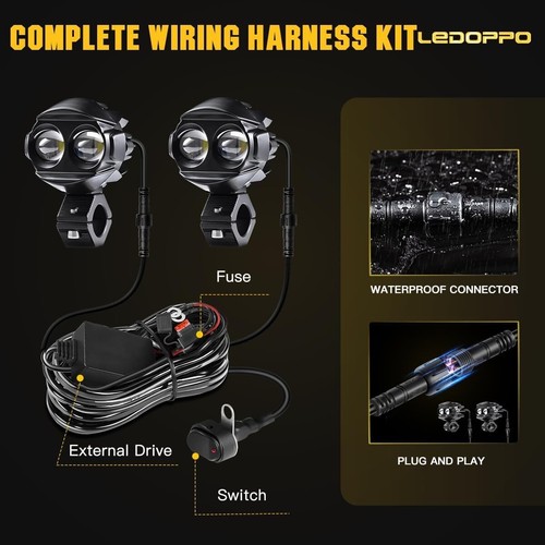 LED Motorcycle Fog Lights 50W Spot/Flood Combo + Wiring Kit - ADV/ATV/UTV - NIB - Picture 3 of 9