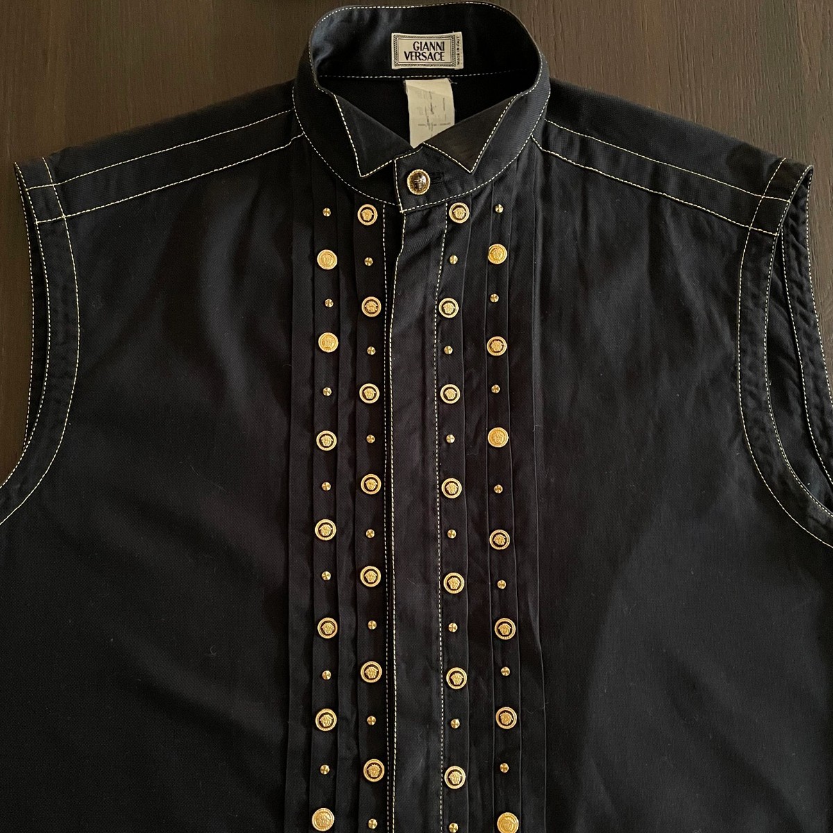 GIANNI VERSACE sleeveless tuxedo shirt w/ Medusa and studs