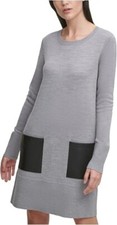 DKNY Women's Mini Sweater Dress Faux Leather Trim Long Sleeves Gray Size Medium