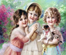 THREE LITTLE GIRLS WITH PUPPY DOG BEST OF FRIENDS PAINTING BY EMILE VERNON REPRO