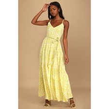 Lulus Fiercely Fabulous Bright Yellow Leopard Print Tiered Maxi Dress XS NEW