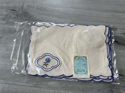 Set Of 6 Cocktail Napkins Ivory Embroidered Blue Silk Daisy Shower Wedding 9x6
