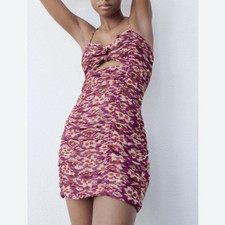 Zara Purple Chiffon Ruched Cutout Strappy Mini Dress in Size S