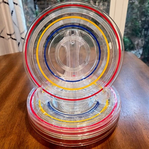 Set of 7 Anchor Hocking Muliti-Colored Banded Rings Vintage 8 inch Glass Plates
