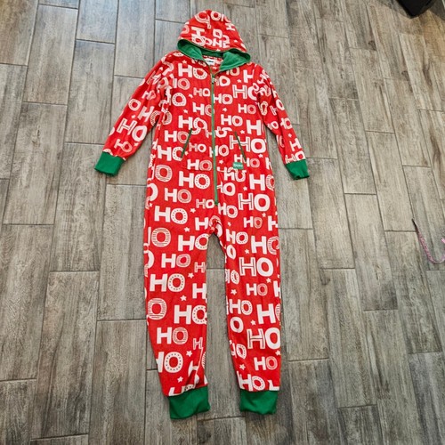 Tipsy Elves Ho Ho Ho Jumpsuit Mens L Red Green Fleece Hooded Zip Cozy Holiday