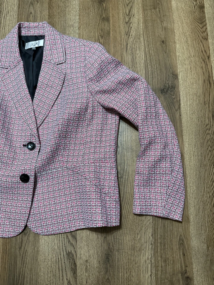 Le Suit Jacket, Women's Size 14 Petite, Pink Black, Plaid Tweed Button Up Blazer - Image 4 of 4