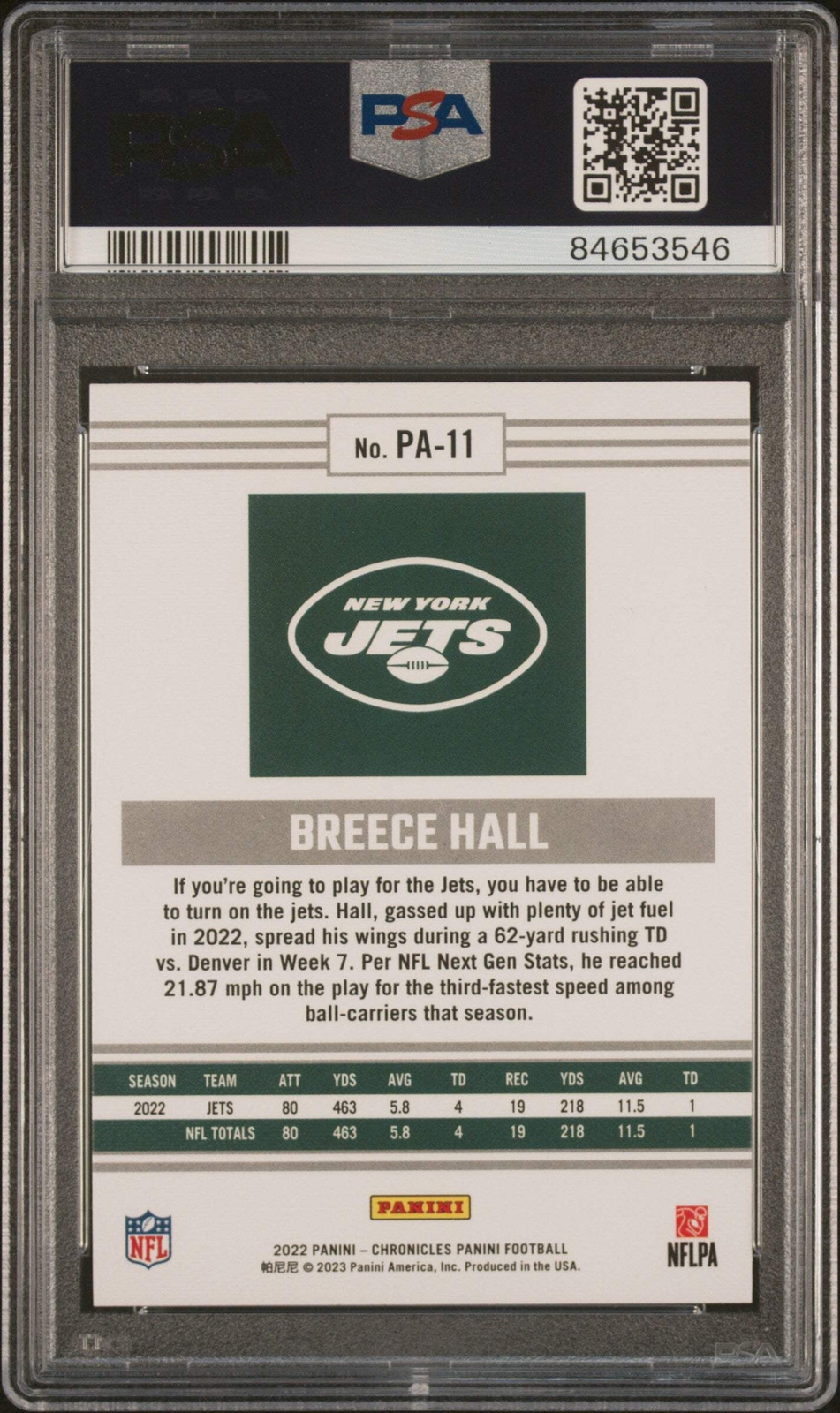 Graded 2022 Panini Chronicles Breece Hall #PA11 Panini RC Football Card PSA 10 view 2