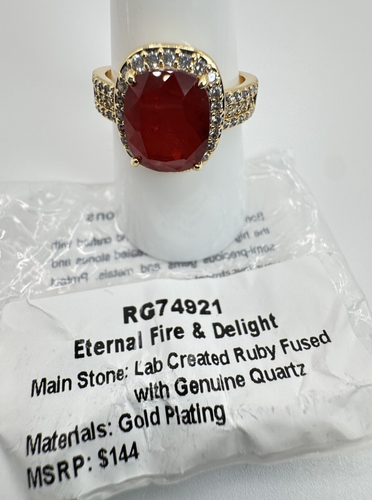 Size 9 Bomb Party July Ring - RG74921 "Eternal Fire & Delight" Ruby CZ On Gold - Picture 2 of 5