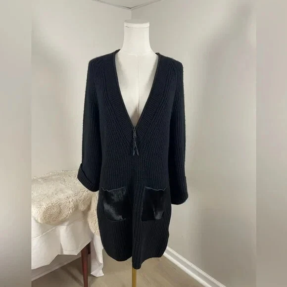 Elie Tahari 羊绒羊毛和小腿毛皮束腰外衣套衫 3/4 袖毛衣尺寸 sm — 第 4/4 张图片