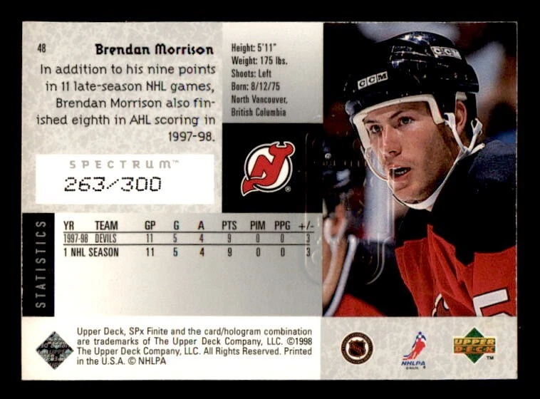 1998-99 SPx Finite Spectrum #48 Brendan Morrison devils #263/300 - Image 2 of 2