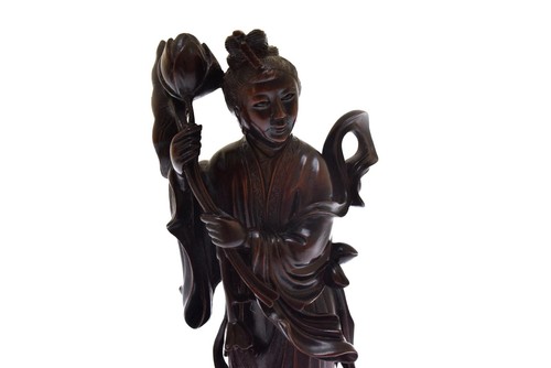 Antique Chinese Women Carrying Floral Hand Carved Rosewood Figurine 7" - Picture 2 of 6