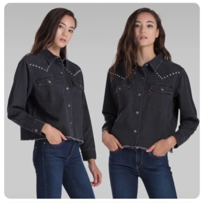 Levi's Daniela Western Studded Cropped Denim Distressed Shirt XS Black