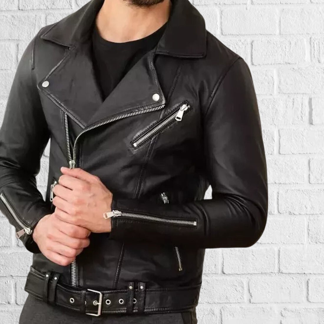 New Mens Black Leather Jacket Slim fit Biker Motorcycle Genuine