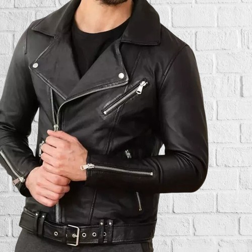 New Mens Black Leather Jacket Slim fit Biker Motorcycle Genuine lambskin jacket - Picture 2 of 4