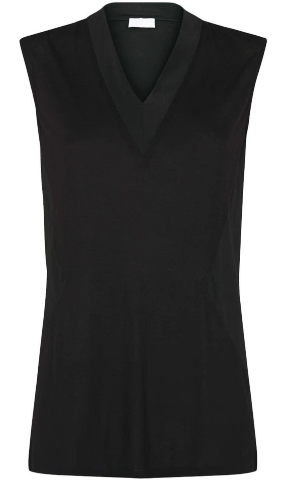 Camiseta sin mangas Nicole Farhi cuello en V con panel de seda negra talla pequeña Foto 3 de 4