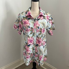 Floral Short Sleeve Button Down Shirt Small Tropical Hibiscus Blue Pink Coastal