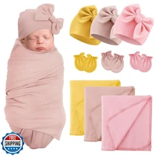 AQOKKA Newborn Receiving Blanket with Bow Hat Mittens Set Nursery Swaddle Wra