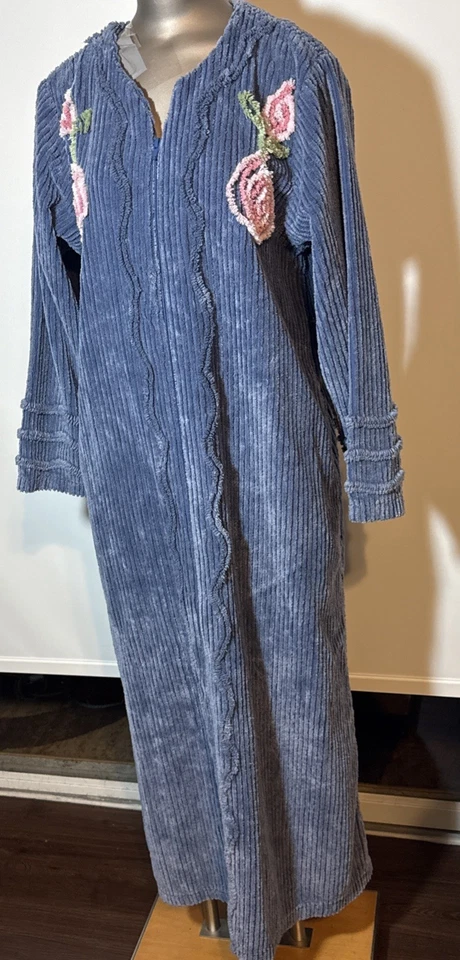 Bata de chenilla Vermont Country Store M azul medio floral 3/4 cremallera mezcla de algodón Foto 2 de 4