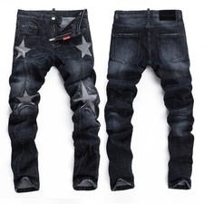 Men's Punk Skinny fit Stretch Denim Jeans Stars Patchwork Washed Black Jeans