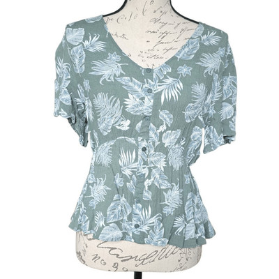 Lush Women's Size Large Olive Cream Monstera Palm Leave Print Button V-Neck Top