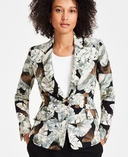 Kasper Women's Leaf-Print One-Button Blazer Black/Sea Glass Multi Size 12