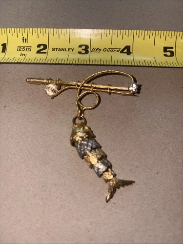 Rare Vintage Weiss Fish On Hook Brooch, Rhinestone Costume Jewelry