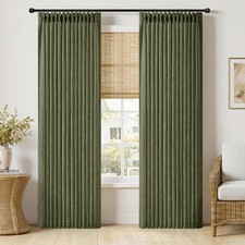 Olive Green Pinch Pleated Linen Curtains 90 Inches Long 2 Panels for Living R...
