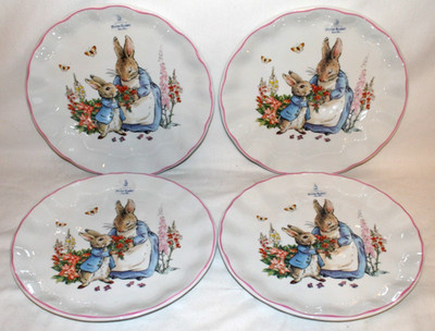 Beatrix Potter Peter Rabbit Scalloped Pink Rim 11'' Dinner Plates Set of 4 New