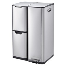 16 Gal Triple Compartment Trash Can, Stainless Steel Garbage Recycle Bin w Pedal