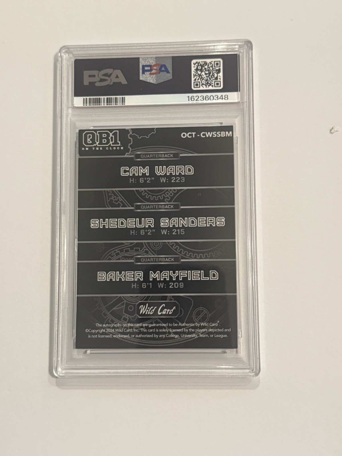 Wild Card QB1 Tri Auto 1/1 Cam Ward R, Sheduer Sanders R, Baker Mayfield PSA 9 view 2