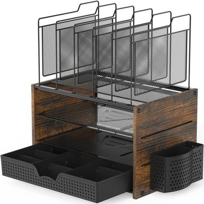 Simple Houseware Mesh Desk Organizer with Wooden Side Board and Metal Bars, 3...