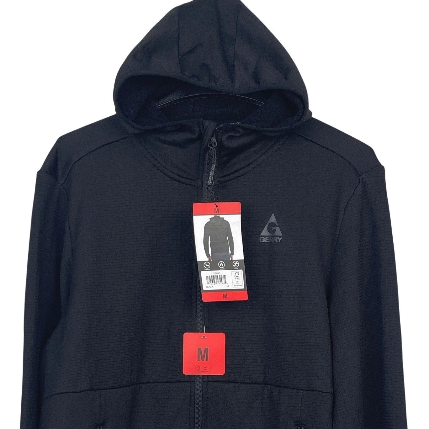 NEW Gerry Mens M Full Zip Hoodie Waffle Fleece Grid Jacket Hiking Solid Black