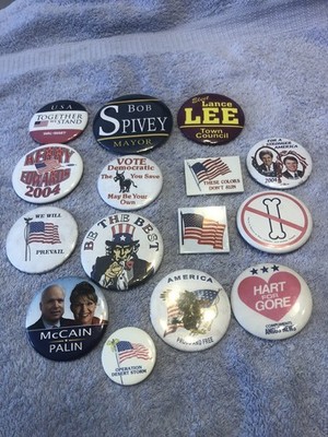 Lot Of 15 Vintage Election Pins Kerry McCain Gore Flags