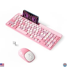 Charming Retro Wireless Keyboard & Mouse Set - Full-Size 2.4GHz USB, Pink Design