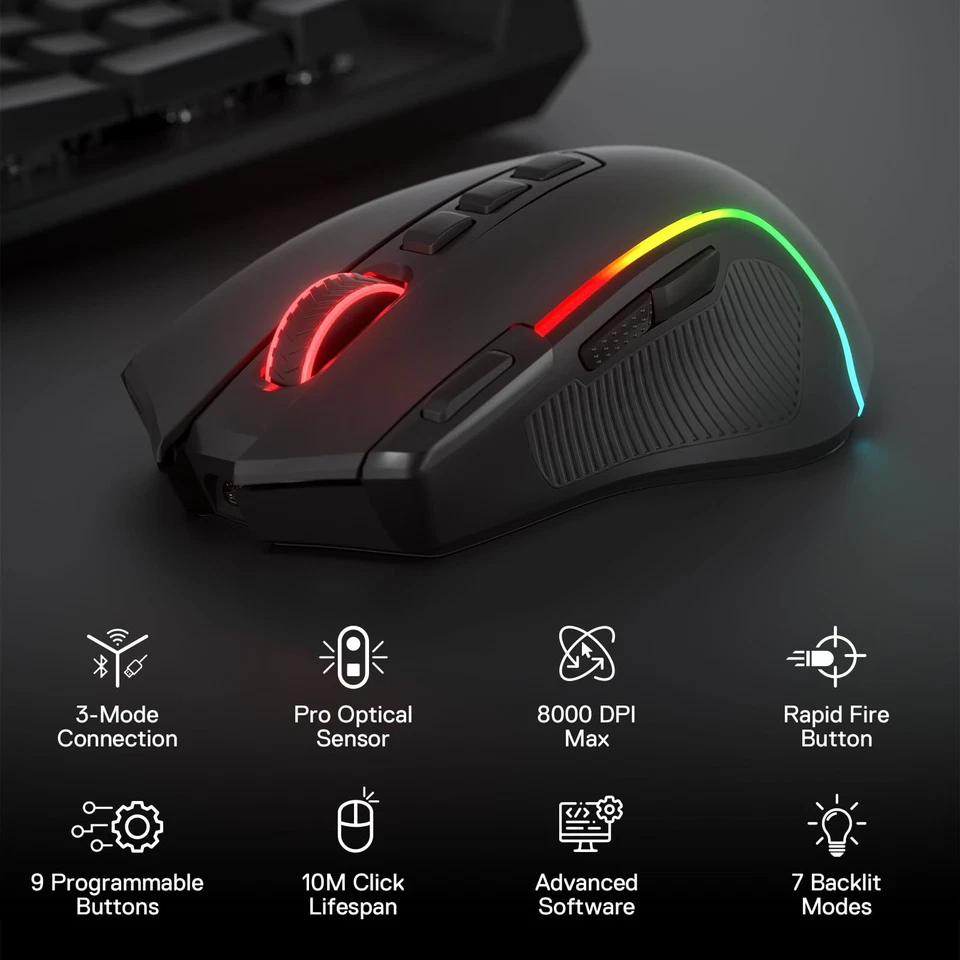 M612 PRO RGB Gaming Mouse, 8000 DPI Wired/Wireless Optical Mouse with 9 Progr... - Image 2 of 4