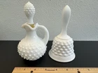 Vintage Fenton Hobnail Milk Glass Bell & Vintage Avon Hobnail Bottle w/ Stopper