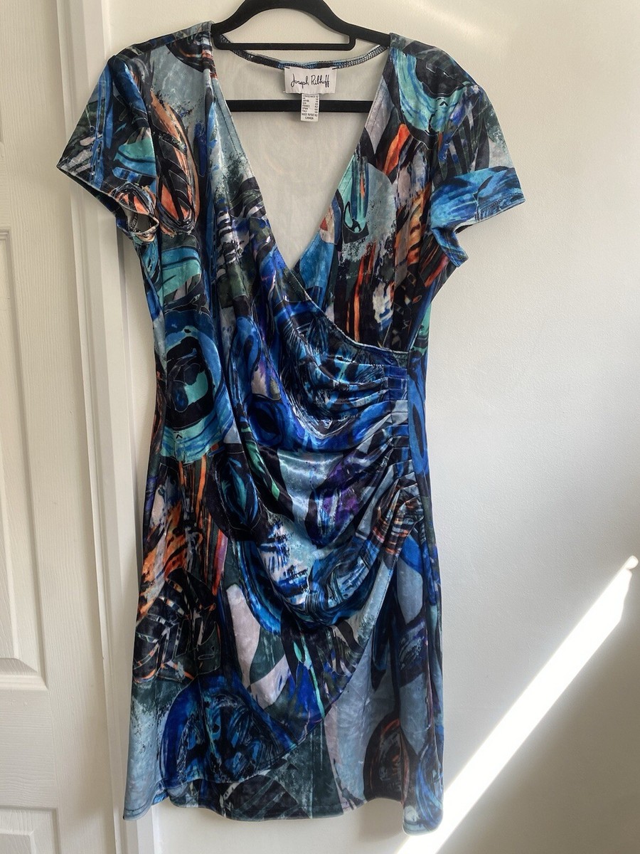 joseph ribkoff Colourful Velvet Wrap Dress Short Sleeve Blue