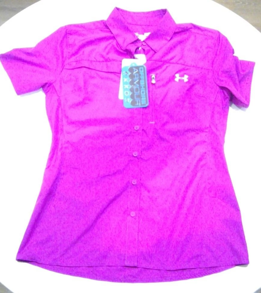 NEW Womens UA Under Armour Fishing Magenta Purple heat gear semi fit shirt S