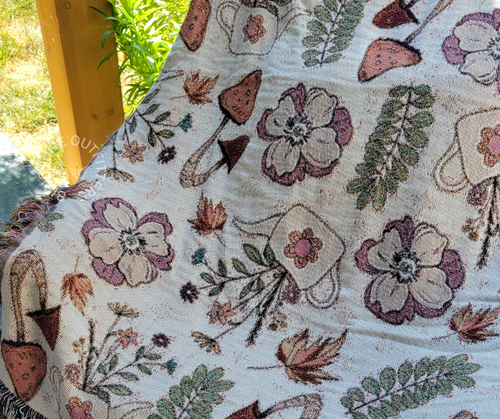 COTTAGECORE MUSHROOMS FERNS | WOVEN THROW BLANKET - Picture 2 of 4