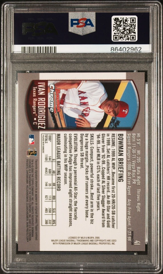 Bowman Chrome Refractor #41 2000 Iván Rodríguez PSA 9 como nuevo Pop 4 patio más alto Foto 2 de 2