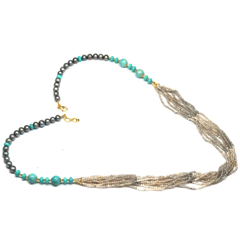 Gray Pearl, Blue Turquoise & Onyx Long-Necklace 30" Silver 925 Sterling - Image 2 of 4