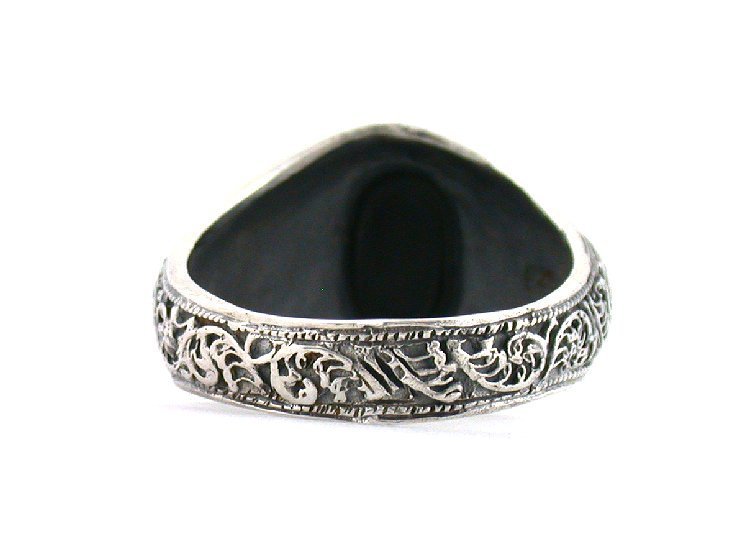 Black Onyx Cab Southwest Ammonite Filigree Sterling Silver Ring
