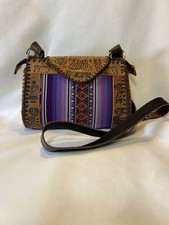Peruvian Crossbody Leather and Fabric Purse Bag 8x3x6.