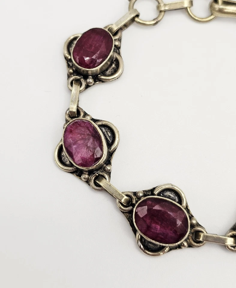 Vintage Natural Ruby Gold Sterling Silver Link Bracelet Native Art Deco - Image 3 of 4
