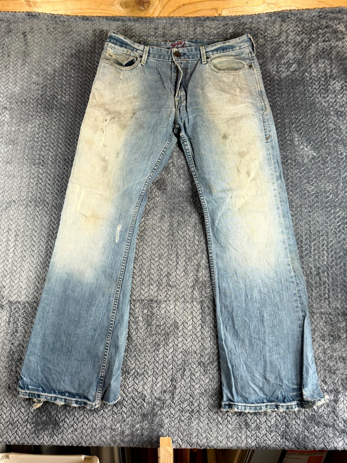 Mens 36x32 Blue Denim Cotton Light Wash Mid Rise Frayed Hem