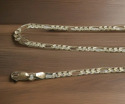 18'' 14Kt Gold Necklace 2  Tone W & Y Gold Figaro Diamond Cut Italian 4.43 Grams